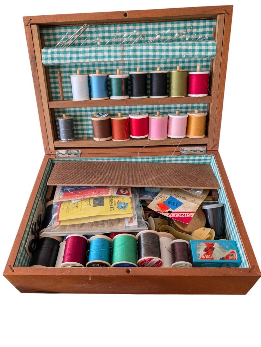 Vintage Wooden Box Sewing Kit Full Of Vintage Supplies.